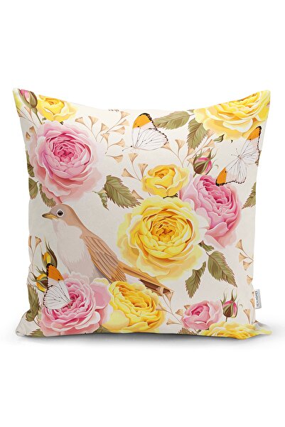 Realhomes Beyaz Zeminde Renkli Güller Dijital Baskılı Modern Yastık Kırlent K...
