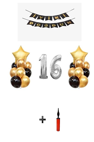 Şeker Adası 16 Years - Silver Silver Foil Balloon Party Set + Balloon Pump Gift!!-- Skradaparti155