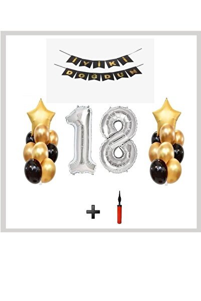 Şeker Adası 18 Years Old - Silver Silver Foil Balloon Party Set + Balloon Pump - Skradaparti159