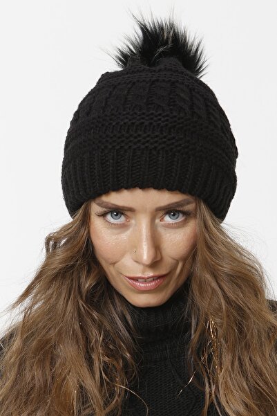 Vemod Fur Pompom Lined Knitted Beanie - Black
