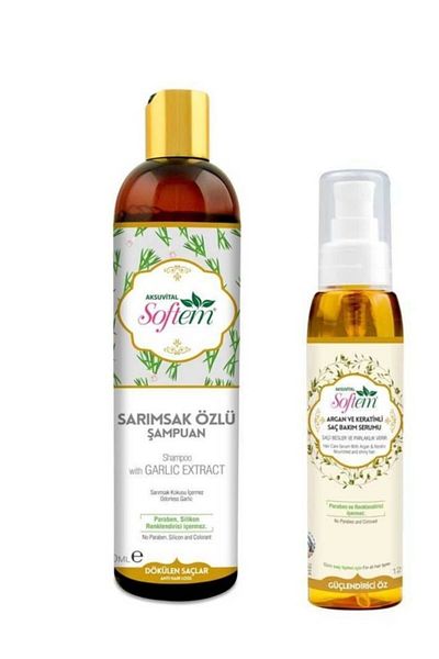 Softem 400 ml.Garlic Extract Shampoo + 125 Ml.Argan and Keratin Hair Care Serum