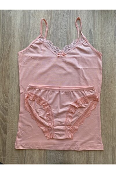 KOTA طقم قميص داخلي وسراويل داخلية نسائية بلون السلمون مع لاسي