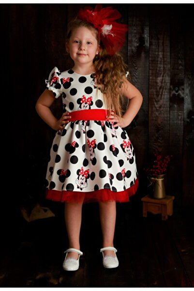 NA ADDESIGN Kırmızı Puanlı Mickey (miki) Mouse Kız Çocuk Elbise