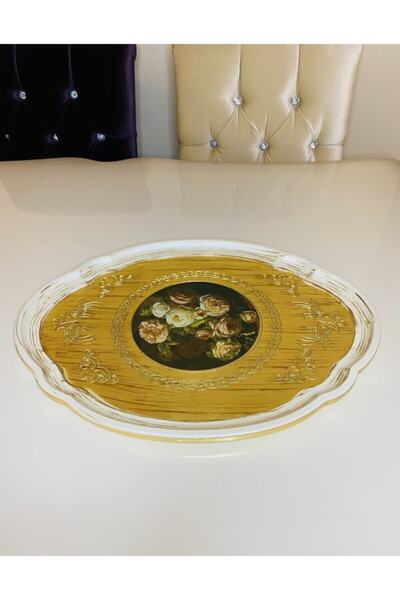 TURANLAR Ahşap Gül Ağacı Baskılı Gold Oval Tepsi
