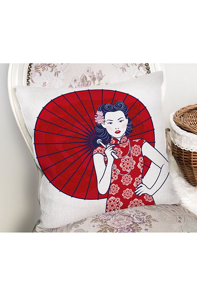 Realhomes Japanese Women's Motif Throw Pillow Cover with Red Umbrella on the Back