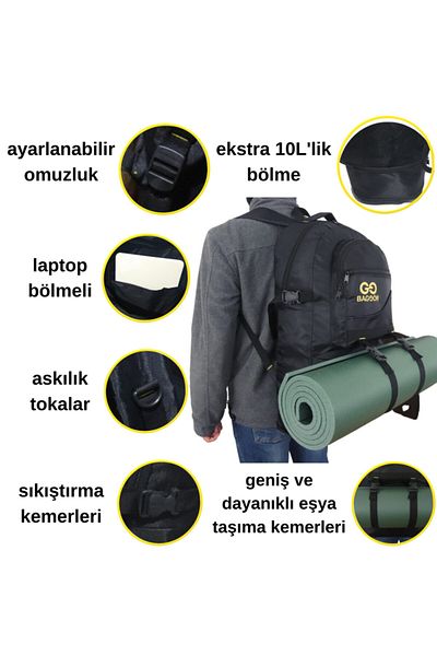 Baggor Μαύρο αδιάβροχο σακίδιο πλάτης 65 λίτρων με θήκη φορητού υπολογιστή πολλαπλών διαμερισμάτων Camper-travel-Mountaineer