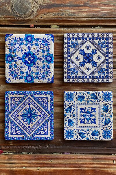 Oscar Stone Decor Baskılı Doğaltaş Bardak Altlığı 4'lü Set Desen Tile