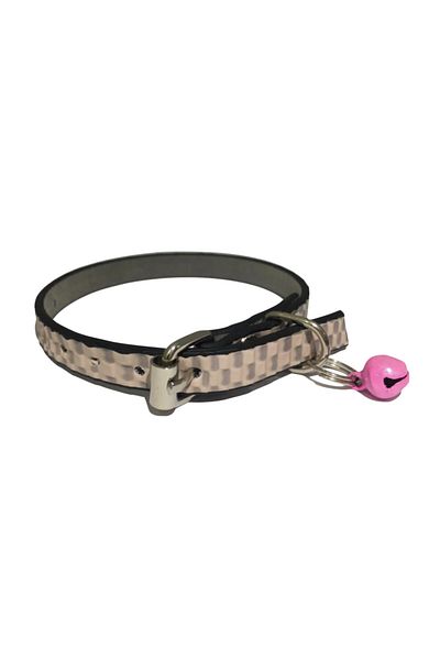 Elite Pink Color Self Patterned Leather Cat Collar with Metal Buckle and Bell