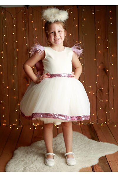 NA ADDESIGN Kız Çocuk Pembe Payet Melek Kanatlı Kabarık Elbise