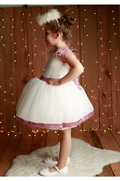 NA ADDESIGN Kız Çocuk Pembe Payet Melek Kanatlı Kabarık Elbise