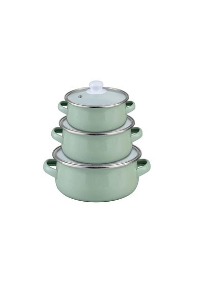 AHİR TİCARET Enamel Mini - Mint Green 3-Piece Cookware Set