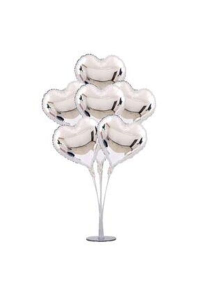 Şeker Adası Footed Heart Balloon Stand + Silver-Silver Foil Heart Balloons--skradaparti223