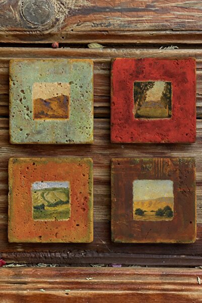 Oscar Stone Decor Baskılı Doğal Taş Bardak Altlığı 4'lü Set Desen Tile