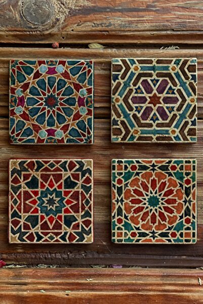 Oscar Stone Decor Desenli Baskılı Doğal Taş Bardak Altlığı 4'lü Set