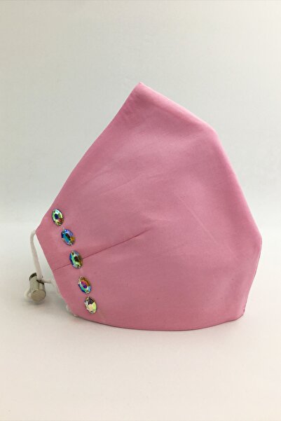 Vera Kumaş Maske Taşlı Pembe Pamuklu Kumaş Maske Çift Katlı