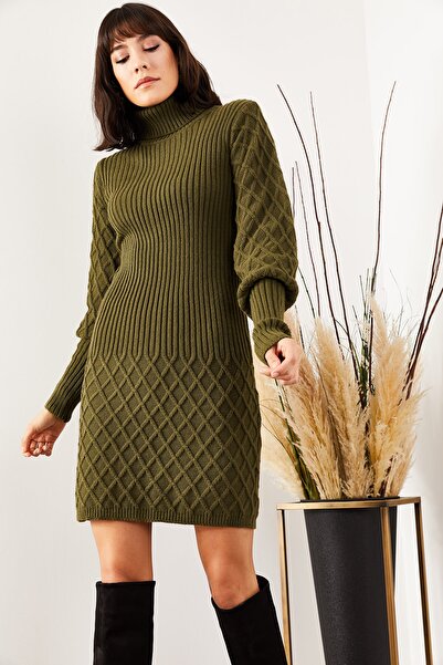 Olalook Kadın Haki Kol Ve Eteği Dokulu Triko Elbise ELB-19001302