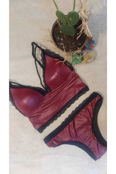 Venüs Kadın Bordo Deri Sütyen Külot Takım