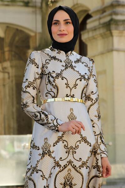 Feiza Collection Kadın Gold Brokar Kumaş Tesettür Abiye Elbise