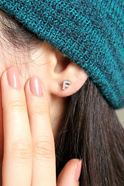 Argentum Concept F Harfi Çivili 925 Ayar Gümüş Tek Küpe - 12077301