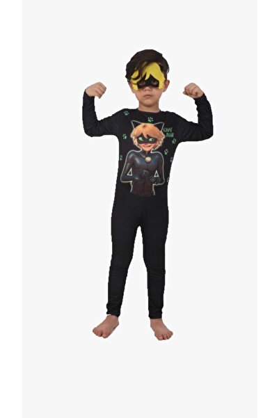 Cillop Uniseks Süper Karakterli Kuyruklu Maskeli Siyah Kedi Kostüm, Eğlenceye...