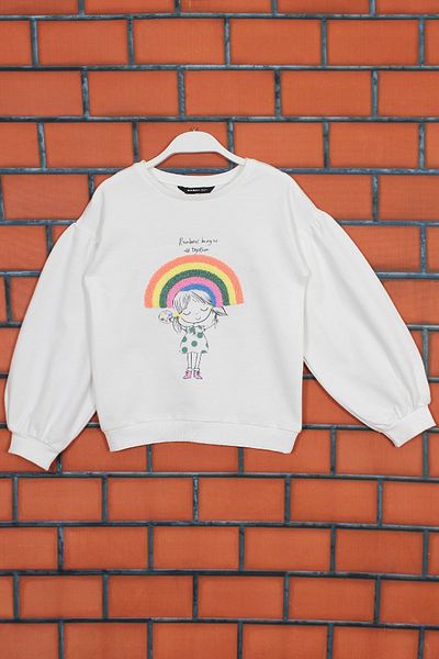 DobaKids Ecru Colored Baby Girl and Child Balloon Sleeve Embroidered Sweatshirt - 1-6 Years