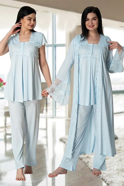 Effortt Women's Blue Long Princess Maternity Pajamas Set with Dressing Gown 5011