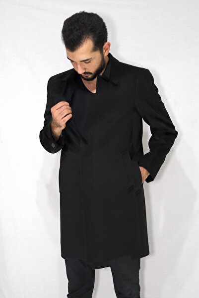 TEK MONT Erkek Siyah Battal Beden Gömlek Yaka Palto