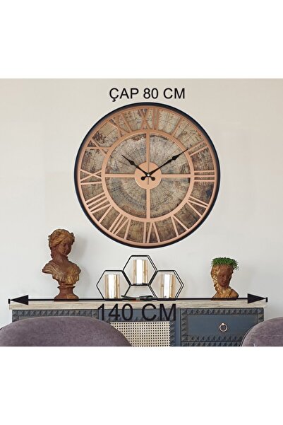 Markakanvas Siyah Metal Kasalı Eski Dünya Haritalı Duvar Saati Bakır 50cm