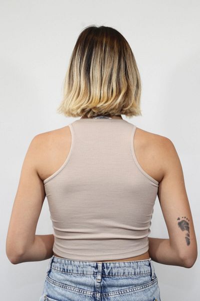 Rosse Butik Women's Stone Halter Neck Ribbed Super Crop Knitted Tank Top