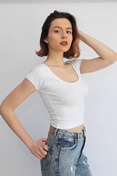 Rosse Butik Γυναικείο μπλουζάκι με λευκό γιακά U Crop Top