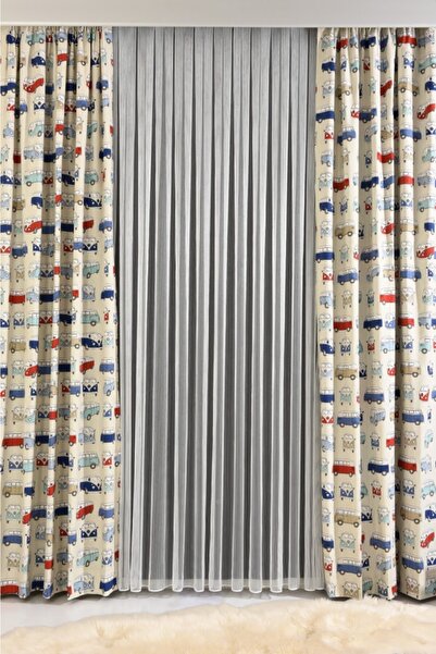 VANESSA PERDE Pamuklu Baskılı Doğal Keten Fon Perde 140 En Büzgülü Ekstraforlu Kuşaklı Arabalı Çocuk Odası Perde