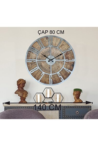 Markakanvas Eski Dünya Duvar Saati Metalik Gri 80x80 Cm