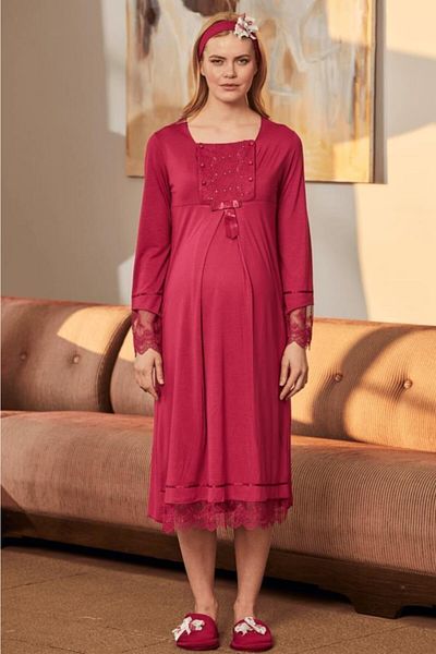Mecit 5209 Fuchsia Lace Sleeve Detailed Pregnant Maternity Nightgown