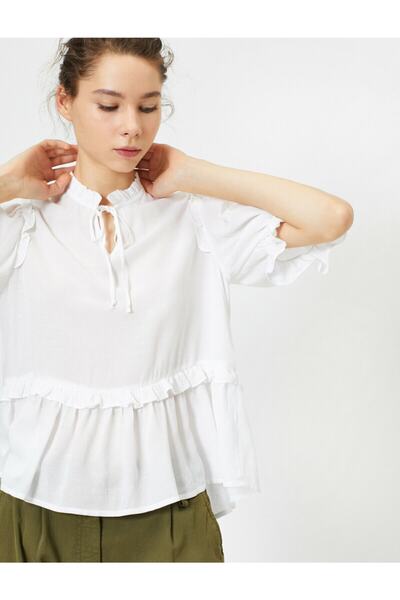 Koton Φαρδιά κομμένη μπλούζα με βολάν και λεπτομέρεια από δαντέλα