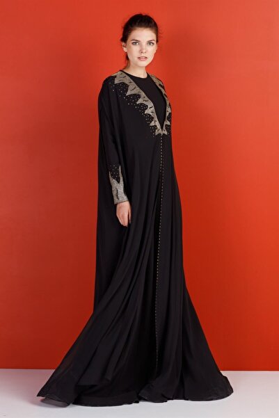 Esswaap Siyah - Şifon Yelekli Ateş Desenli Abiye Elbise