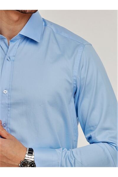 Chamis Slimfit Açık Mavi Saten Klasik Yaka Gömlek-ch96761