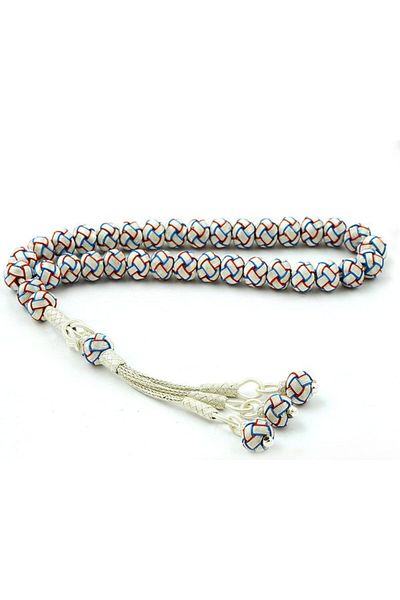 Tesbihsepetim Burgundy Blue Rosary - 1000 Sterling Silver Kazaz Hand Knitted