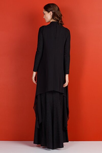 Esswaap Siyah - Önü V Taşlı Şifon Detaylı Abiye Elbise