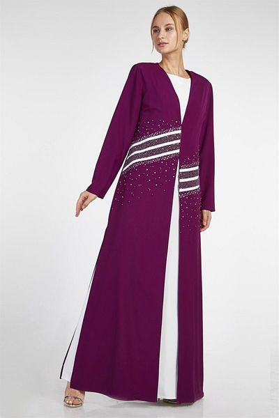 Esswaap Purple - 2-Piece Inside Dress Jacket Stoned Striped Evening Dress Set