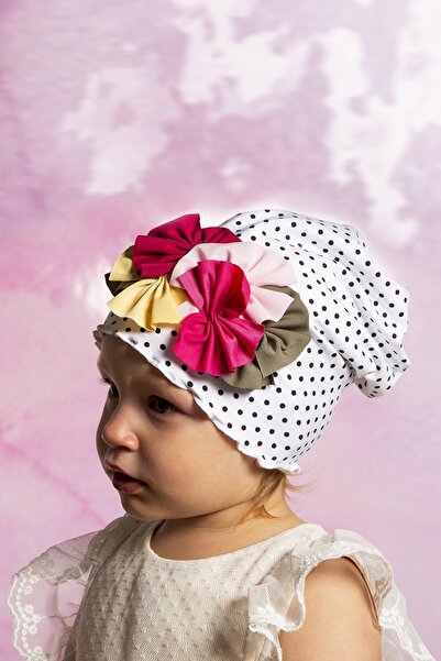 Baby Dora Beyaz Puantiyeli Çift Katlı Pamuk Penye Bere