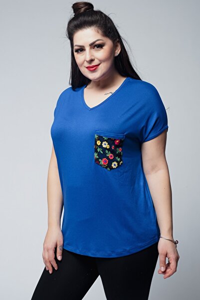 Ebsumu Bluză albastră, cu decolteu în V, cu buzunare, cu broderie florală