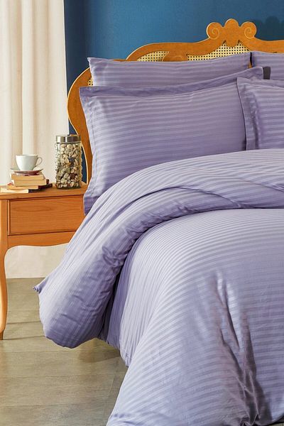 MAJESTE Fabricator Delux Striped 100% Natural Cotton Satin Duvet Cover Set Double (6 Pieces) - gray