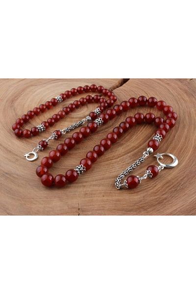 Tesbihsepetim Silver Tasseled Rosary with Crescent and Star - Father and Son Combination, Agate Stone