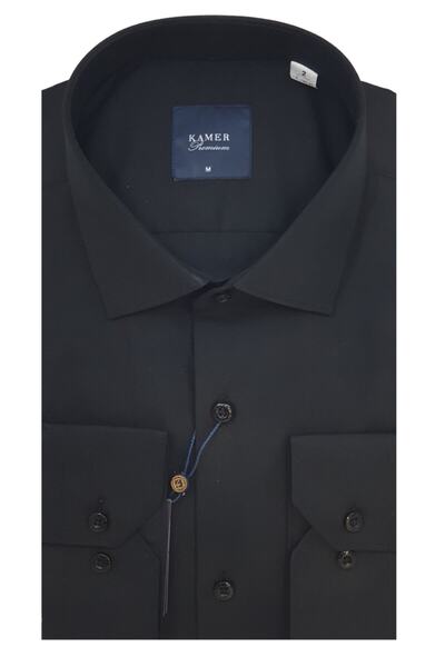 KAMER Regular Fit Düz Terikoton Siyah Erkek Gömlek 1600s1