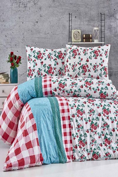 MAJESTE Toprak Ev Elegant 100% Cotton Plaid and Floral Double Duvet Cover Set-10190