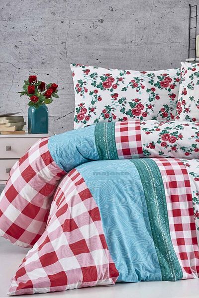 MAJESTE Toprak Ev Elegant 100% Cotton Plaid and Floral Double Duvet Cover Set-10190