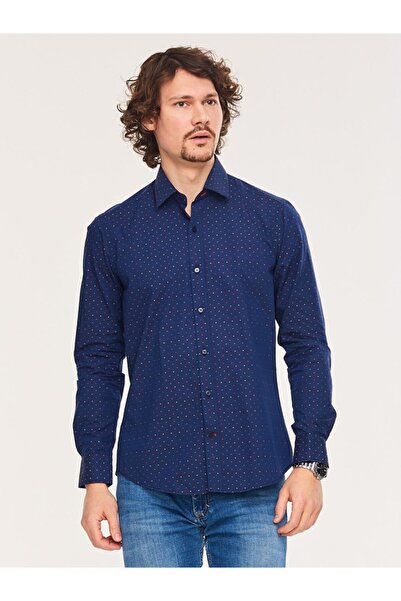 Chamis Slimfit Navy Blue Red Polka Dot Classic Collar Shirt-ch96334