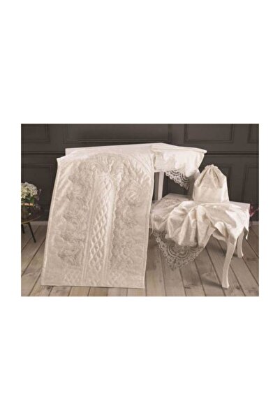 Narin Bursa Çeyiz Fransız Güpürlü Kadife Seccade Takımı - Krem