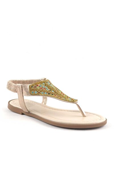 Shoes Center صندل نسائي ذو إصبع مرن من الحجر العرقي الذهبي