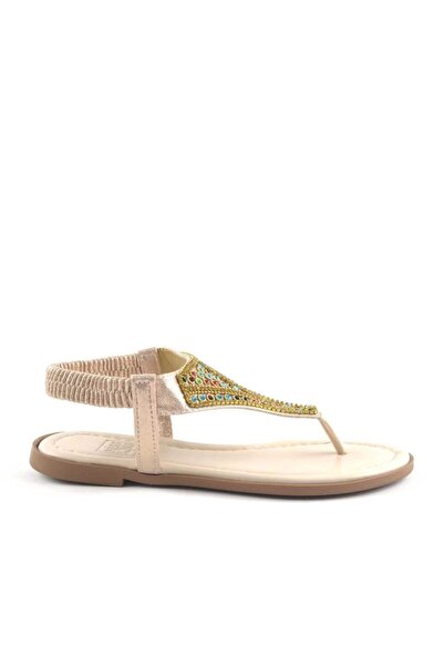 Shoes Center Gold Etnik Taşlı Lastikli Parmak Arası Kadın Sandalet